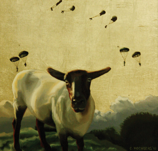 Sheep with Paratroopers, 2010, oil and silver leaf on panel, 16 in. x 16 in.