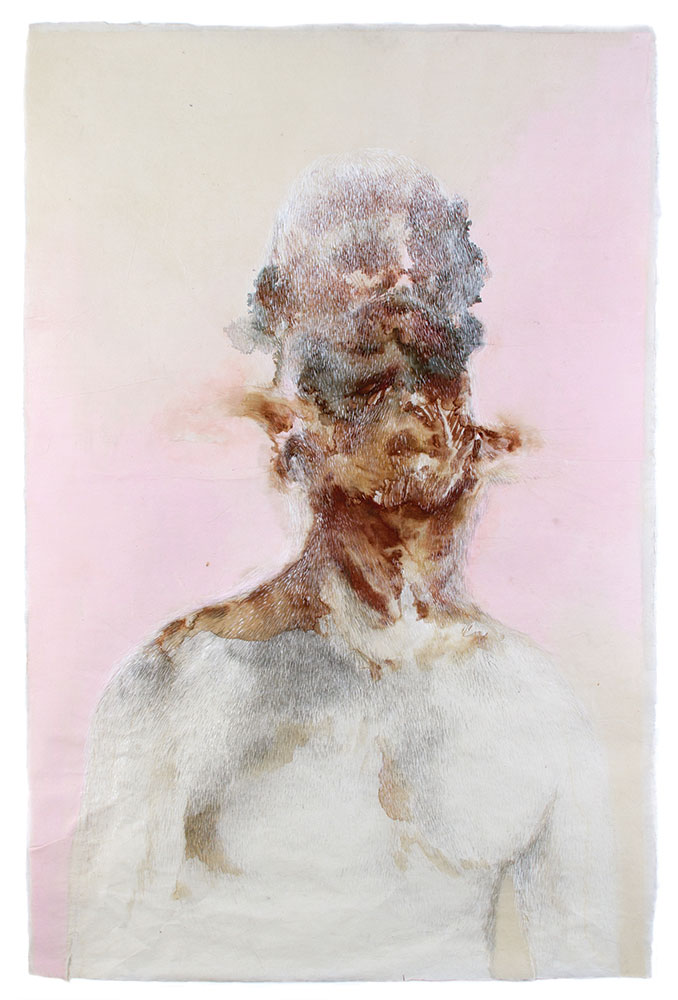 2012, artist's blood, gouache, watercolor, graphite, sekishu paper on kozo paper, 40