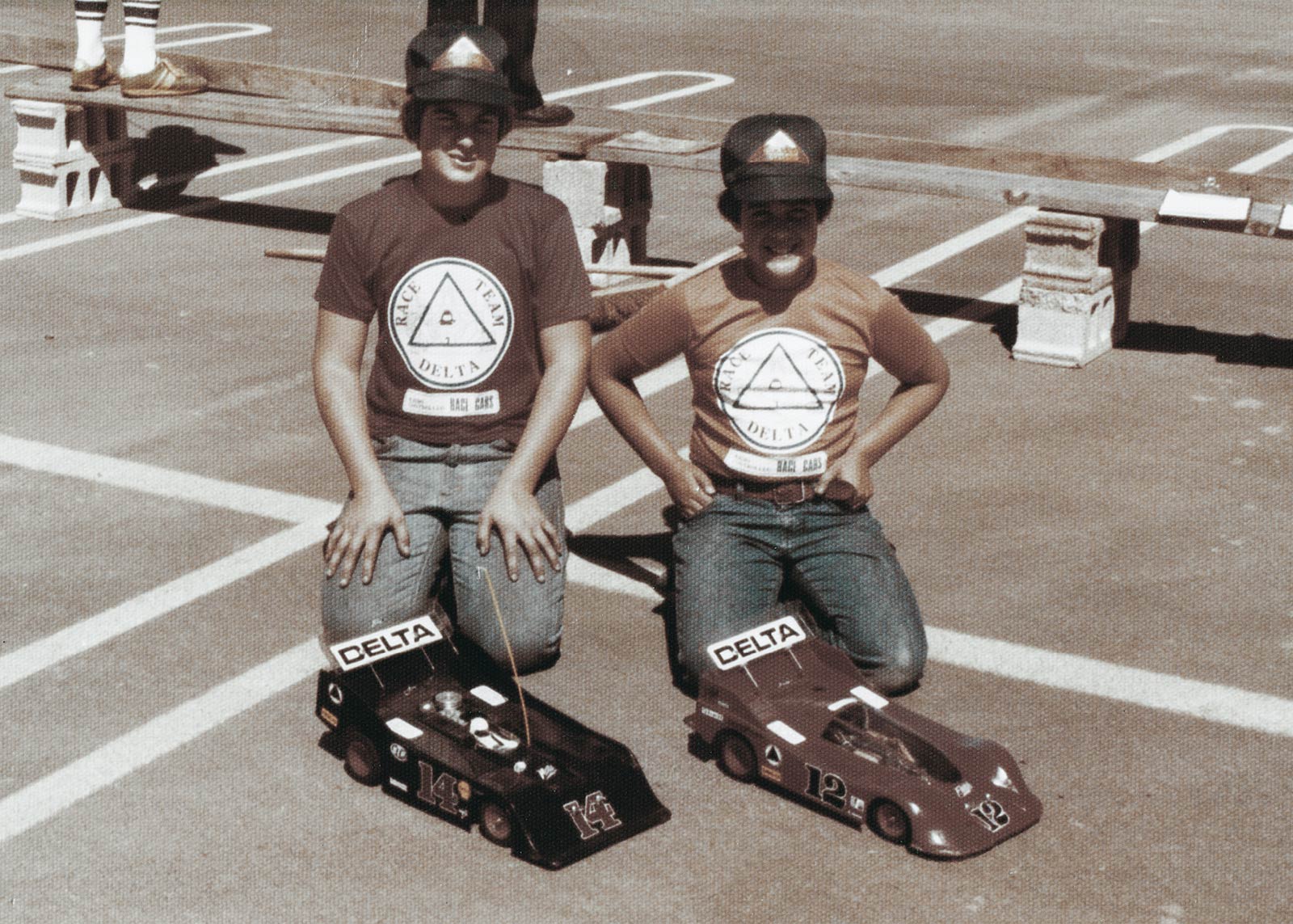 Above: Ewing, left, and his brother, Nathan, ’02, show off their remote control cars before a race at a Selinsgrove parking lot, circa 1980. At right: They adjust the fuel/air mixture of Fletcher’s car. The cars were powered by nitro gas.