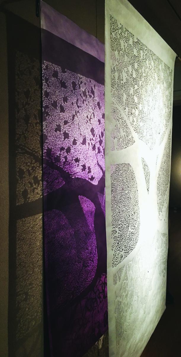 Barbara - Foreign, 2018, hand-cut Tyvek, spray paint, paper, 85” x 49”