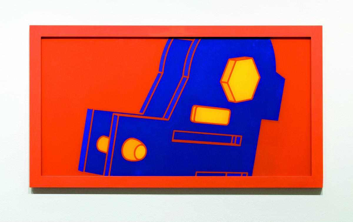 Megas, 2018, acrylic, paint, and wood, 24” x 45”