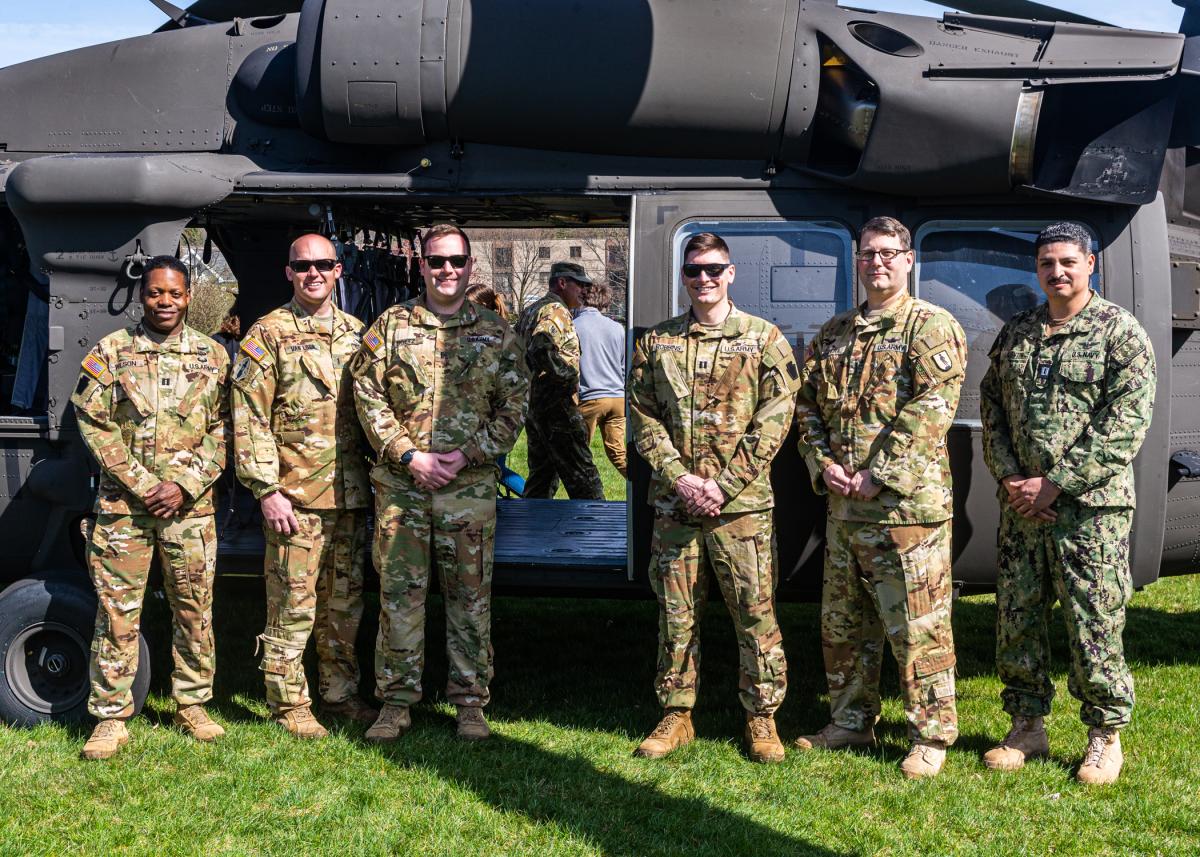 Camo can't hide the Penn College pride of these alumni in service to their country. From left are Diego Wilson, Samuel Van Loon, Dane Boltz, Craig Robbins, Frank Madeira and Roberto Valentin. All are in the Army National Guard except for Valentin, who is in the Navy Reserve.