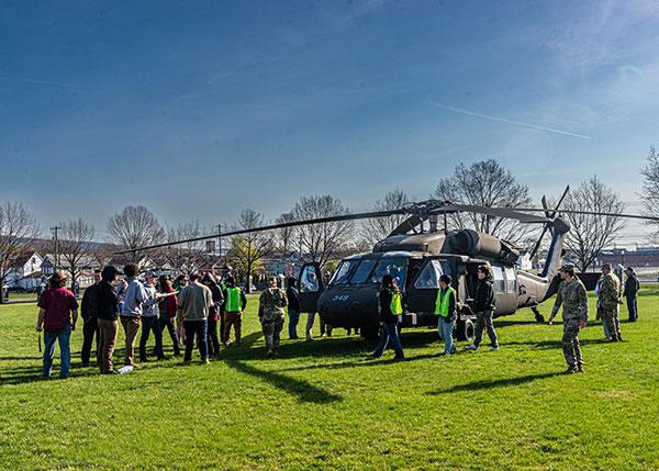 One of two Black Hawk helicopters showcased at Penn College’s inaugural Wildcat Rotorfest receives a great deal of attention at the April 11 event. The two aircraft, stationed at Fort Indiantown Gap, were flown to the college by the Pennsylvania Army National Guard. 