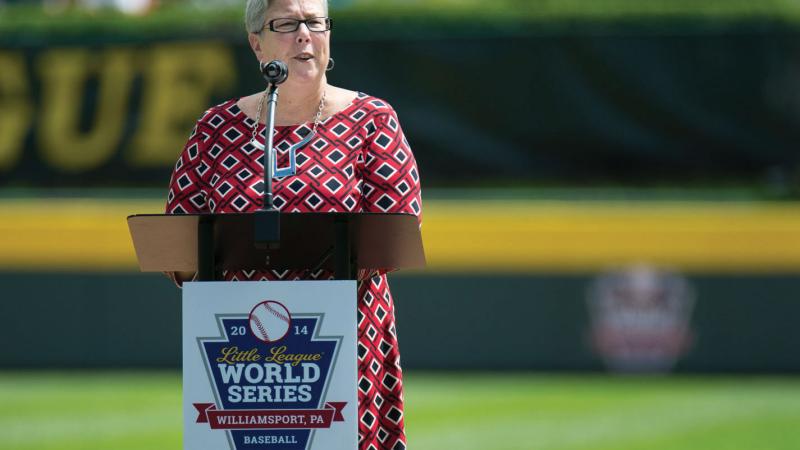 ... addresses the crowd at the 2014 Little League World Series as chair of the Little League International Board of Directors ...